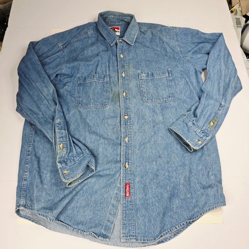 Vintage Marlboro Western‎ Denim Shirt Mens Button Up Long Sleeve Cowboy Large